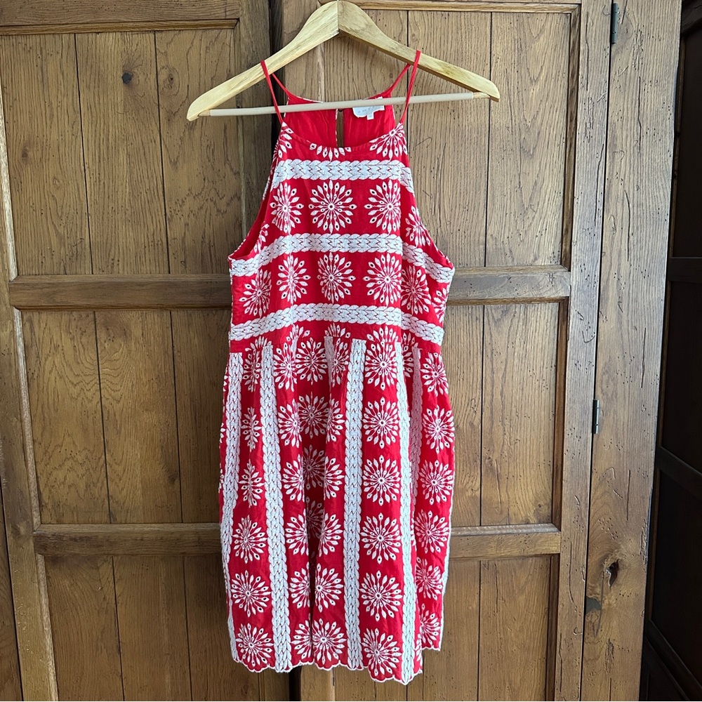 Entro Red and White Floral Embroidered Red Mini Dress